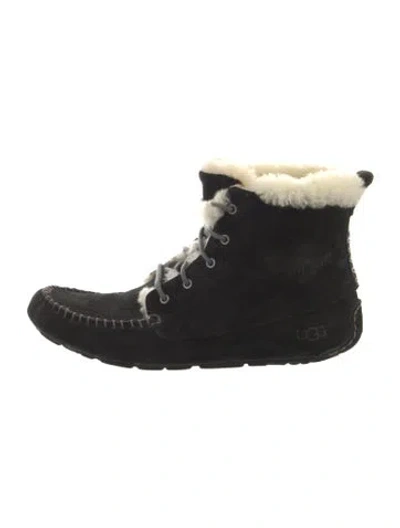 Pre-owned Ugg Suede Fur Trim Lace-up Boots In Black