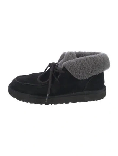 Pre-owned Ugg Suede Fur Trim Lace-up Boots In Black