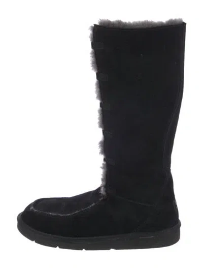 Pre-owned Ugg Suede Fur Trim Lace-up Boots In Black