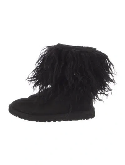 Pre-owned Ugg Suede Fur Trim Lace-up Boots In Black