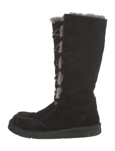 Pre-owned Ugg Suede Fur Trim Lace-up Boots In Black