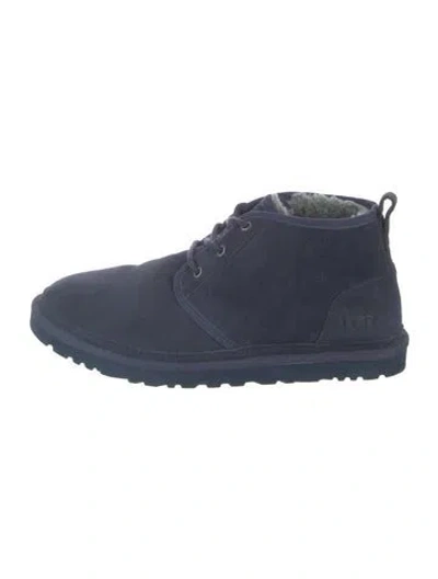 Pre-owned Ugg Suede Fur Trim Lace-up Boots In Blue
