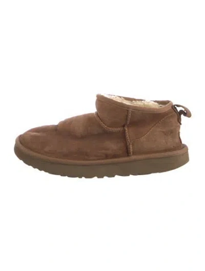 Pre-owned Ugg Suede Fur Trim Lace-up Boots In Brown