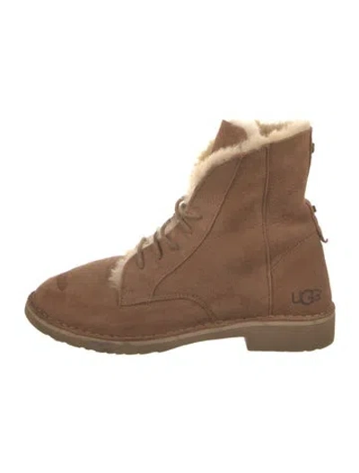 Pre-owned Ugg Suede Fur Trim Lace-up Boots In Brown