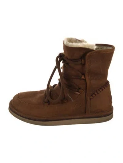 Pre-owned Ugg Suede Fur Trim Lace-up Boots In Brown