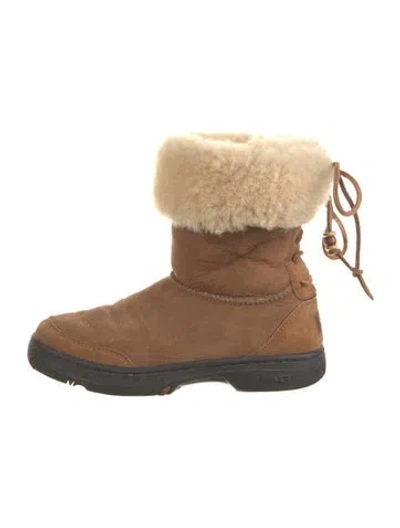 Pre-owned Ugg Suede Fur Trim Lace-up Boots In Brown