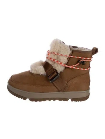 Pre-owned Ugg Suede Fur Trim Lace-up Boots In Brown