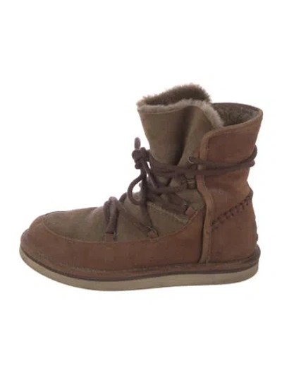 Pre-owned Ugg Suede Fur Trim Lace-up Boots In Brown