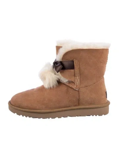 Pre-owned Ugg Suede Fur Trim Lace-up Boots In Brown