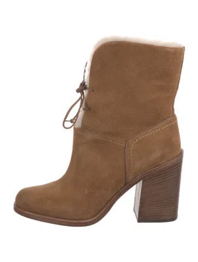 Pre-owned Ugg Suede Fur Trim Lace-up Boots In Brown