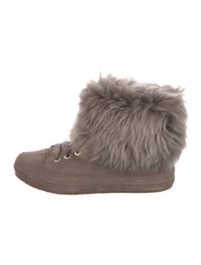 Pre-owned Ugg Suede Fur Trim Lace-up Boots In Gray