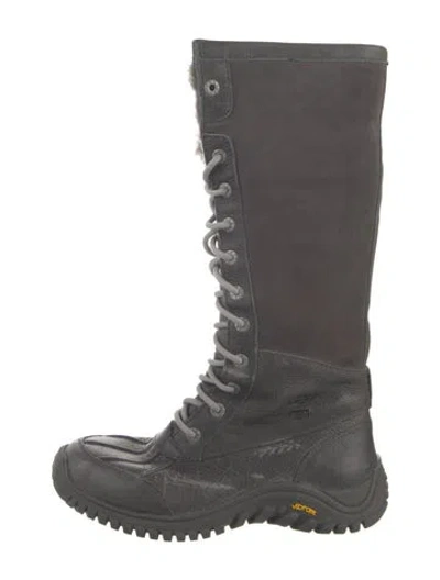 Pre-owned Ugg Suede Fur Trim Lace-up Boots In Grey