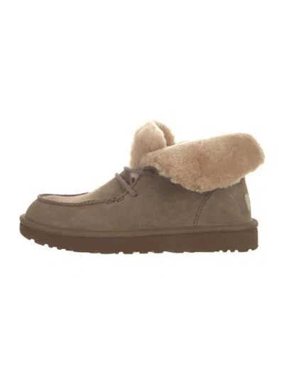 Pre-owned Ugg Suede Fur Trim Lace-up Boots In Neutral