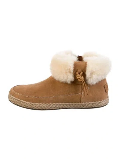 Pre-owned Ugg Suede Fur Trim Lace-up Boots In Neutral