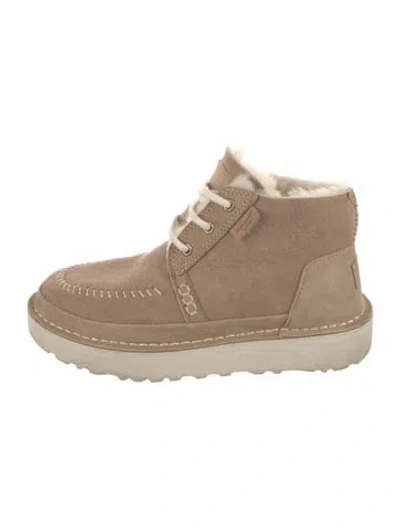 Pre-owned Ugg Suede Fur Trim Lace-up Boots In Neutral
