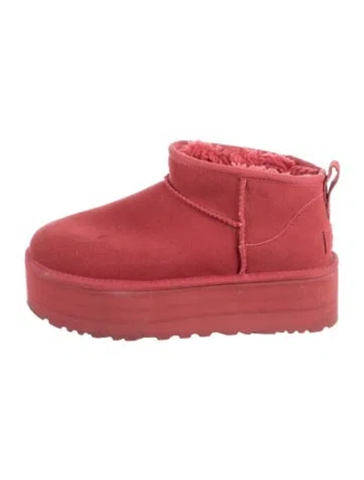 Pre-owned Ugg Suede Fur Trim Lace-up Boots In Red