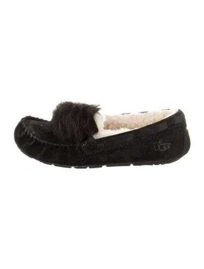 Pre-owned Ugg Suede Fur Trim Moccasins In Black