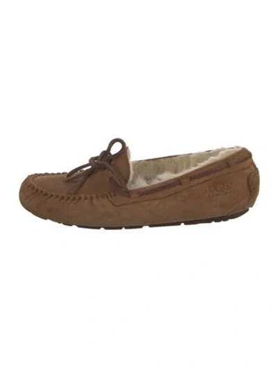 Pre-owned Ugg Suede Fur Trim Moccasins In Brown