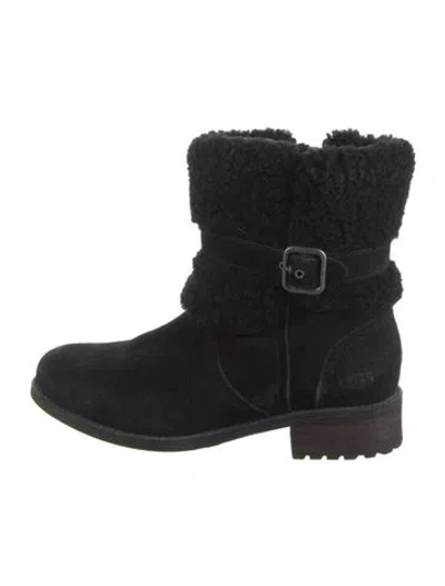 Pre-owned Ugg Suede Fur Trim Moto Boots In Black