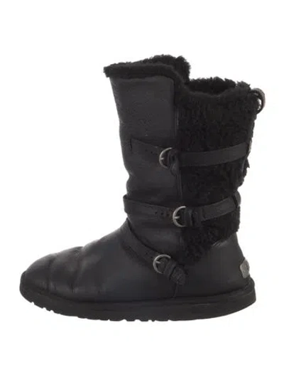Pre-owned Ugg Suede Fur Trim Moto Boots In Black