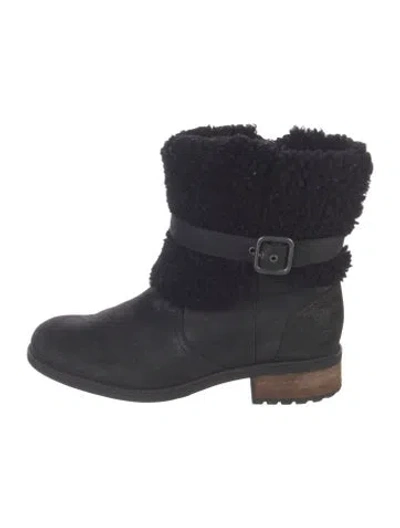 Pre-owned Ugg Suede Fur Trim Moto Boots In Blue