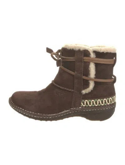 Pre-owned Ugg Suede Fur Trim Moto Boots In Brown