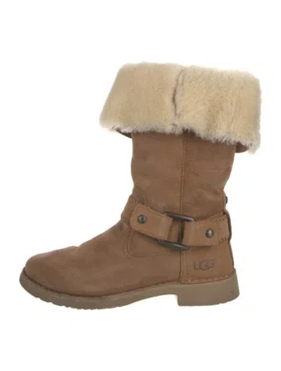 Pre-owned Ugg Suede Fur Trim Moto Boots In Neutral