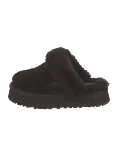 Pre-owned Ugg Suede Fur Trim Mules In Black
