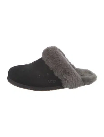 Pre-owned Ugg Suede Fur Trim Mules In Black