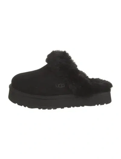 Pre-owned Ugg Suede Fur Trim Mules In Black