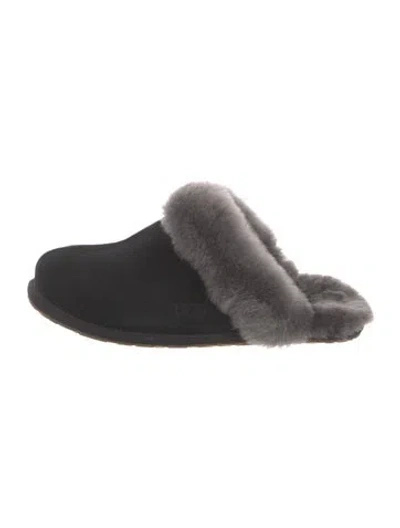 Pre-owned Ugg Suede Fur Trim Mules In Black