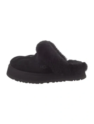 Pre-owned Ugg Suede Fur Trim Mules In Black