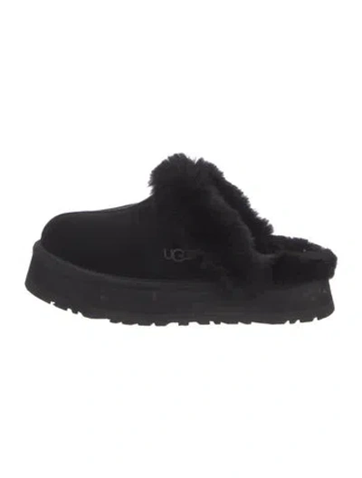 Pre-owned Ugg Suede Fur Trim Mules In Black
