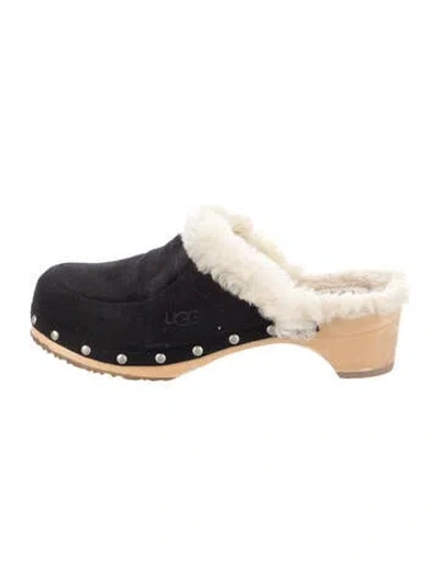 Pre-owned Ugg Suede Fur Trim Mules In Black