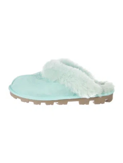 Pre-owned Ugg Suede Fur Trim Mules In Blue