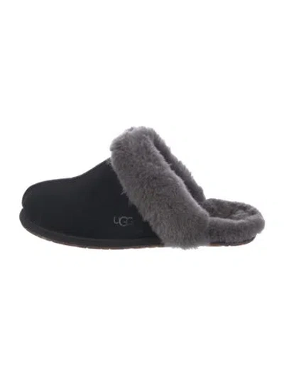 Pre-owned Ugg Suede Fur Trim Mules In Blue