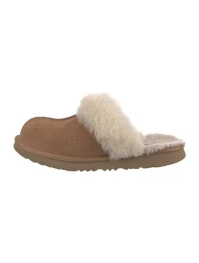 Pre-owned Ugg Suede Fur Trim Mules In Brown