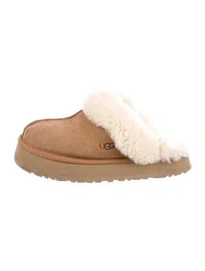 Pre-owned Ugg Suede Fur Trim Mules In Brown