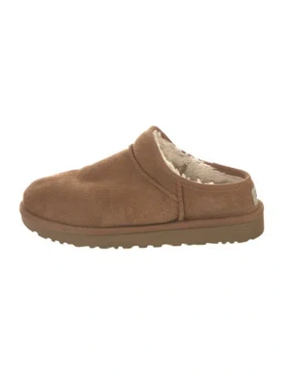 Pre-owned Ugg Suede Fur Trim Mules In Brown