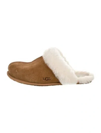 Pre-owned Ugg Suede Fur Trim Mules In Brown