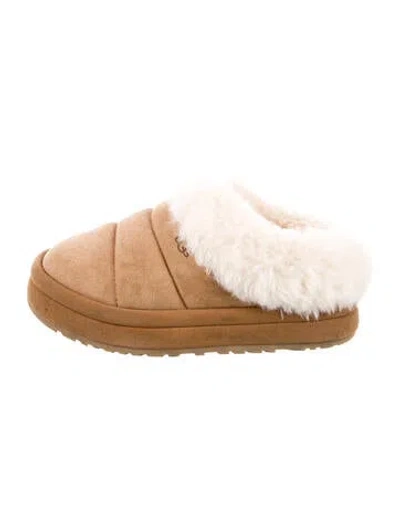 Pre-owned Ugg Suede Fur Trim Mules In Brown