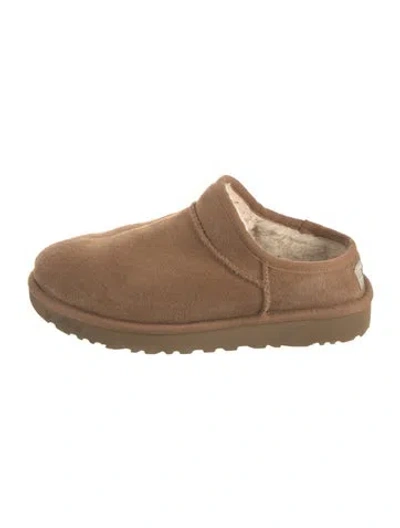 Pre-owned Ugg Suede Fur Trim Mules In Brown