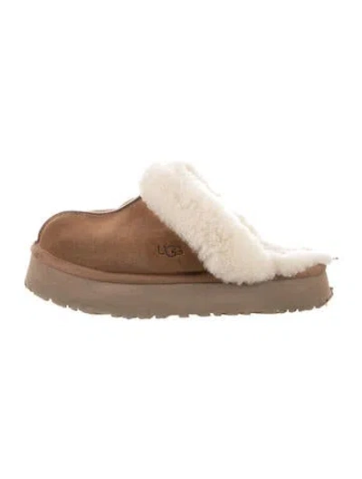 Pre-owned Ugg Suede Fur Trim Mules In Brown