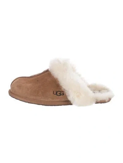 Pre-owned Ugg Suede Fur Trim Mules In Brown
