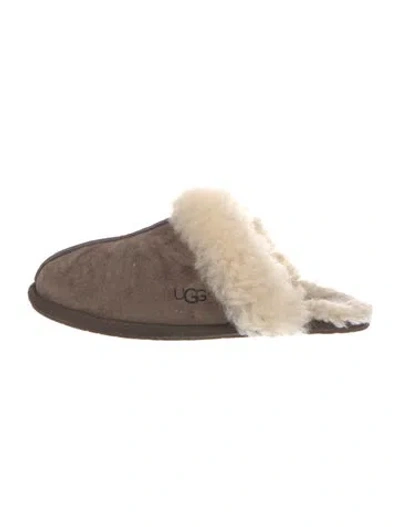 Pre-owned Ugg Suede Fur Trim Mules In Brown