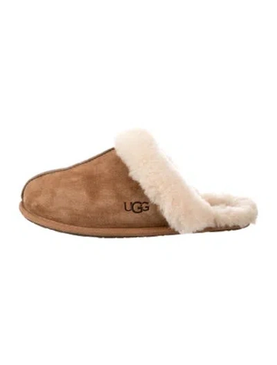 Pre-owned Ugg Suede Fur Trim Mules In Brown
