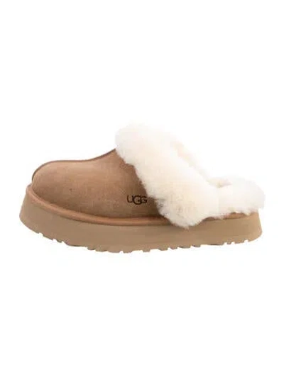 Pre-owned Ugg Suede Fur Trim Mules In Brown