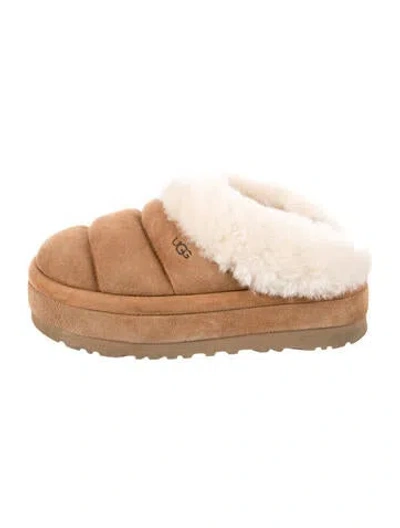 Pre-owned Ugg Suede Fur Trim Mules In Brown