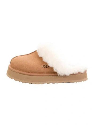 Pre-owned Ugg Suede Fur Trim Mules In Brown