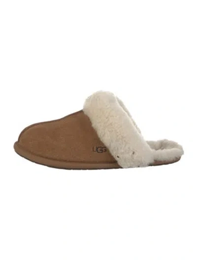 Pre-owned Ugg Suede Fur Trim Mules In Brown
